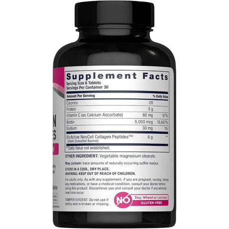 Tabla nutricional del suplemento NeoCell Colágeno Hidrolizado con Vitamina C y Biotina 6000 mg 180 tabletas