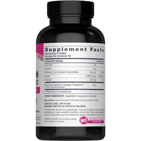 Tabla nutricional del suplemento NeoCell Colágeno Hidrolizado con Vitamina C y Biotina 6000 mg 270 tabletas