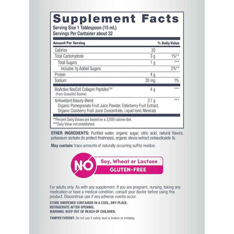 Tabla nutricional del suplemento NeoCell Colágeno Líquido Sabor Granada 473 mL