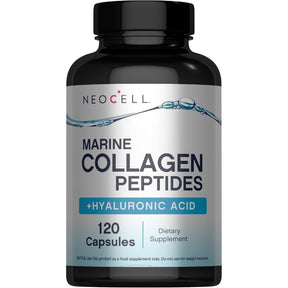 Frasco de suplemento NeoCell Colágeno Marino con Ácido Hialurónico 120 cápsulas