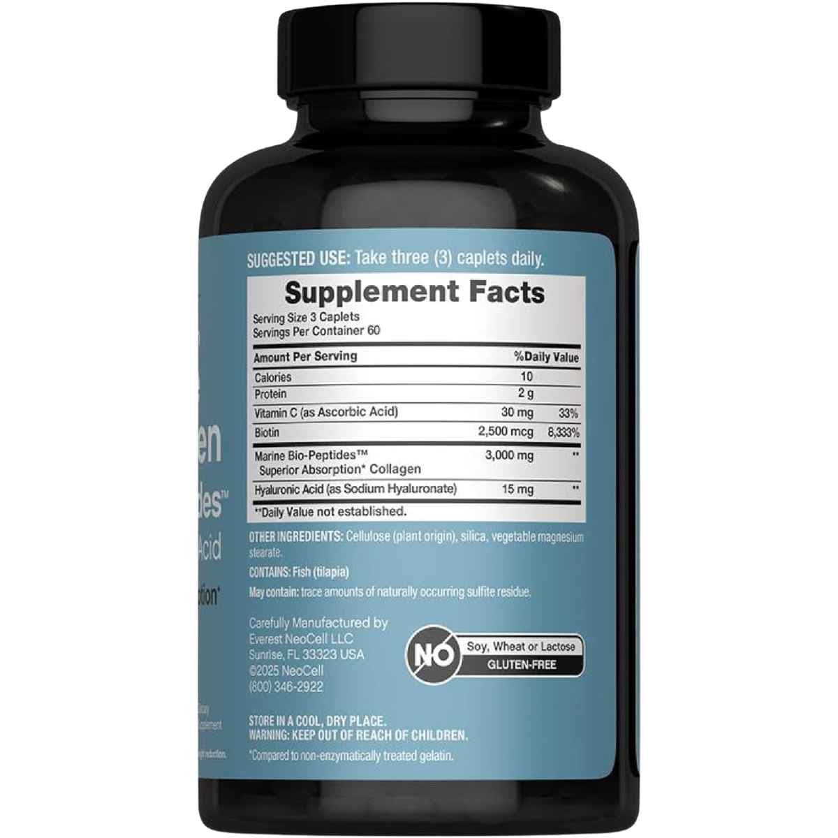 Tabla nutricional del suplemento NeoCell Colágeno Marino Bio-Péptidos 180 tabletas