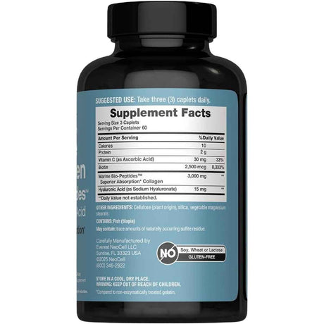 Tabla nutricional del suplemento NeoCell Colágeno Marino Bio-Péptidos 180 tabletas