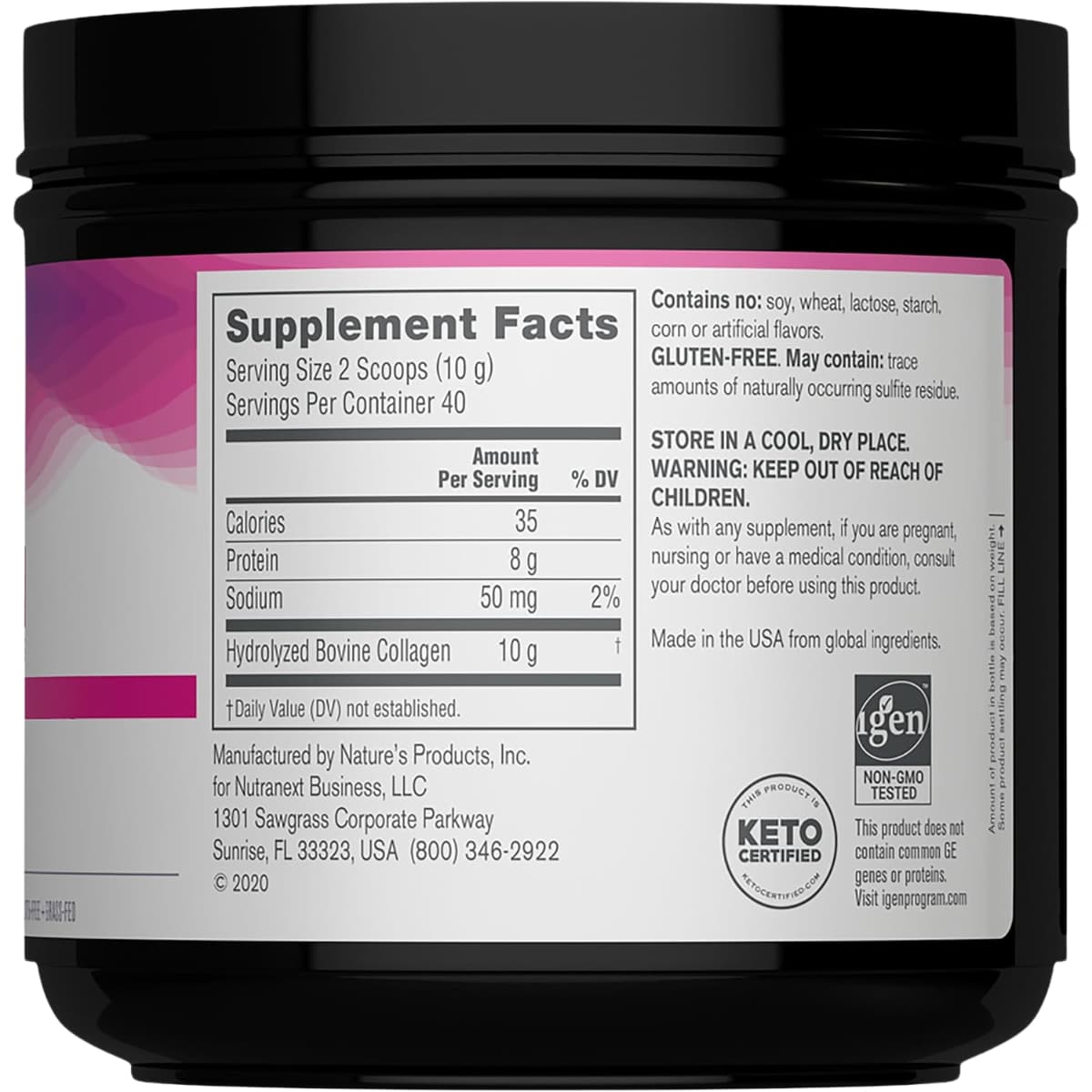 Tabla nutricional de NeoCell péptidos de colágeno bovino en polvo sin sabor de 400 g