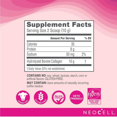 Tabla nutricional de NeoCell péptidos de colágeno bovino en polvo sin sabor de 600 g
