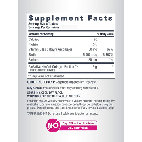 Tabla nutricional del suplemento NeoCell Super Collagen + Vitamina C y Biotina 360 Tabletas