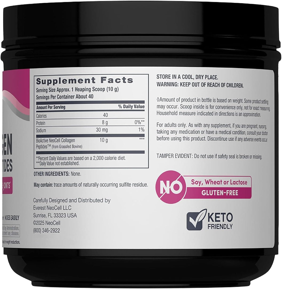 Tabla nutricional de NeoCell Super Collagen Peptides sin sabor de 400 g