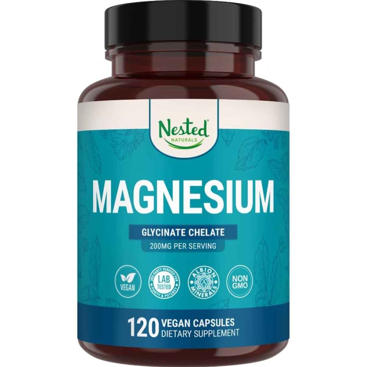 Envase frontal del suplemento Nested Naturals glicinato de magnesio quelado en presentación de 120 cápsulas veganas