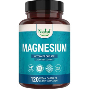 Envase frontal del suplemento Nested Naturals glicinato de magnesio quelado en presentación de 120 cápsulas veganas