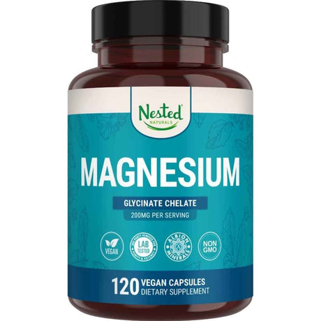 Envase frontal del suplemento Nested Naturals glicinato de magnesio quelado en presentación de 120 cápsulas veganas