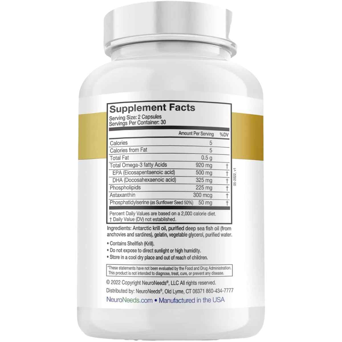 Información del suplemento de NeuroNeeds OmegaNeeds con omega 3, EPA, DHA, fosfolípidos, astaxantina y fosfatidilserina.