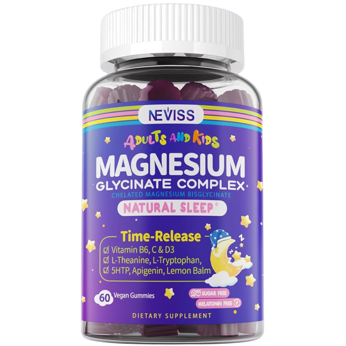 Envase frontal del complejo de magnesio glicinato Neviss en gomitas veganas, presentación de 60 unidades.