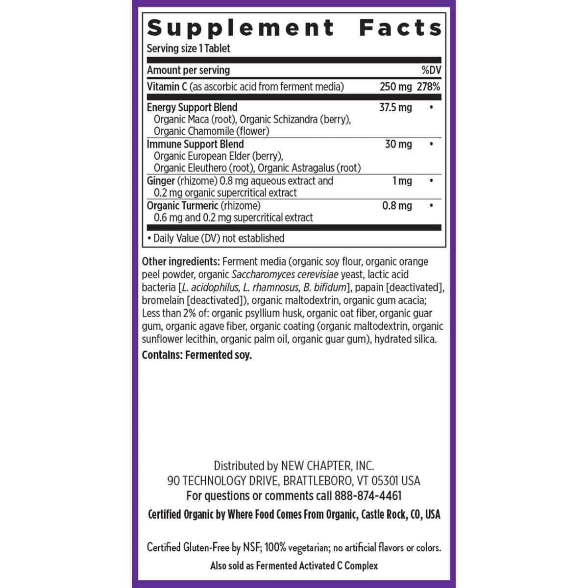 Tabla nutricional del suplemento New Chapter Vitamina C con Saúco 30 tabletas