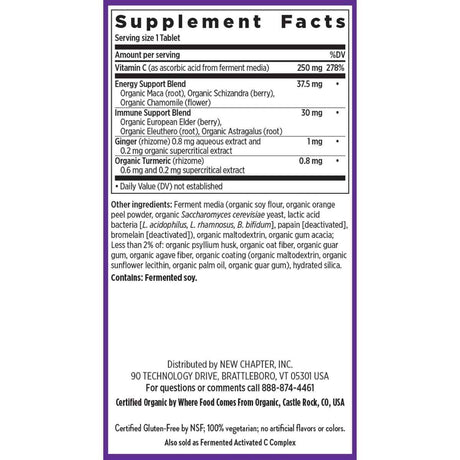 Tabla nutricional del suplemento New Chapter Vitamina C con Saúco 30 tabletas