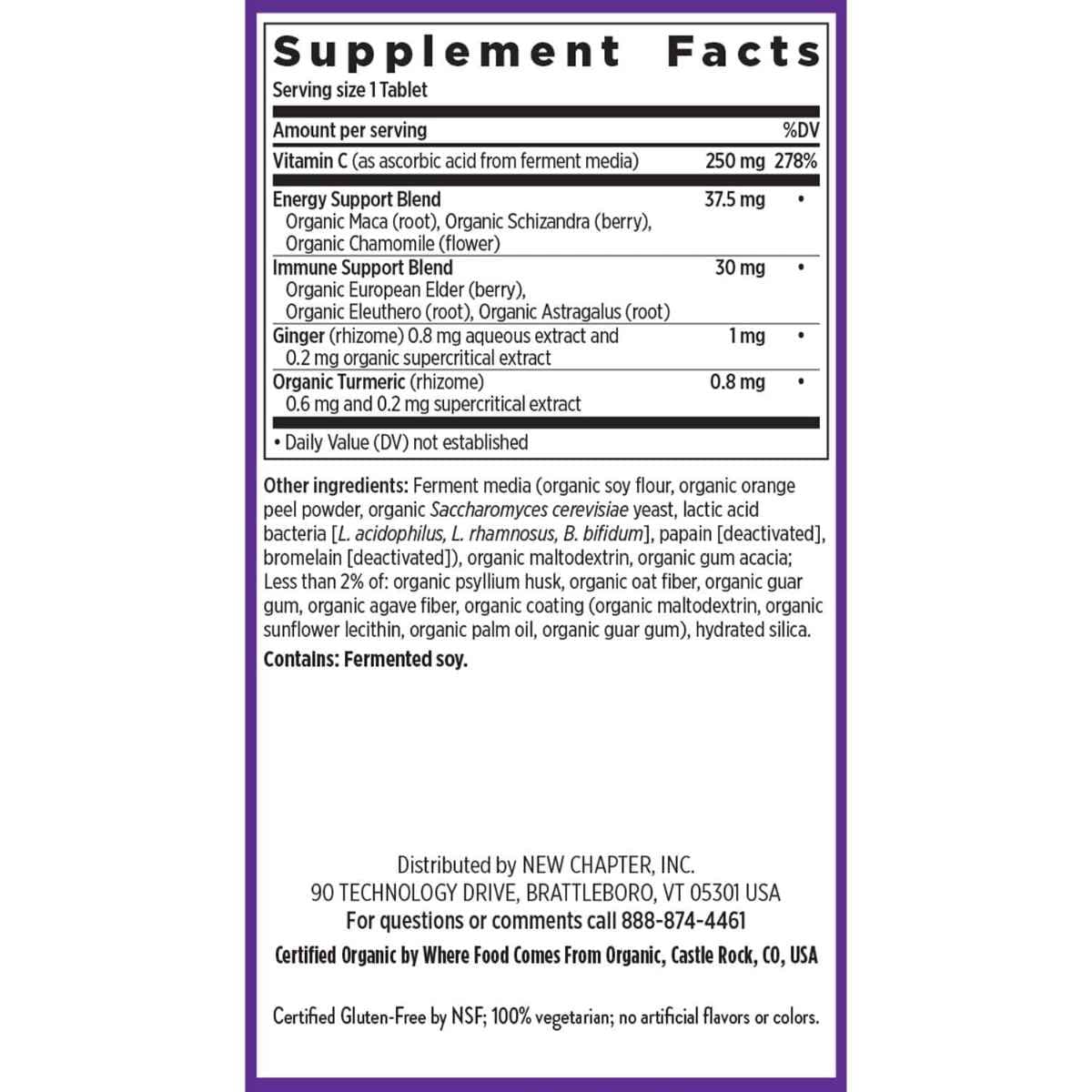 Tabla nutricional del suplemento New Chapter Vitamina C con Saúco 90 tabletas