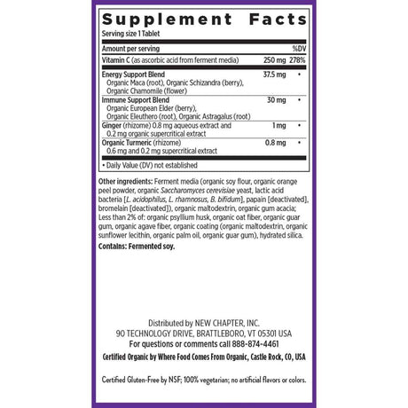 Tabla nutricional del suplemento New Chapter Vitamina C con Saúco 90 tabletas