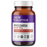 Frasco frontal de New Chapter Wholemega aceite de salmón de 120 cápsulas blandas.