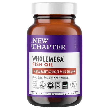Frasco frontal de New Chapter Wholemega aceite de salmón de 120 cápsulas blandas.