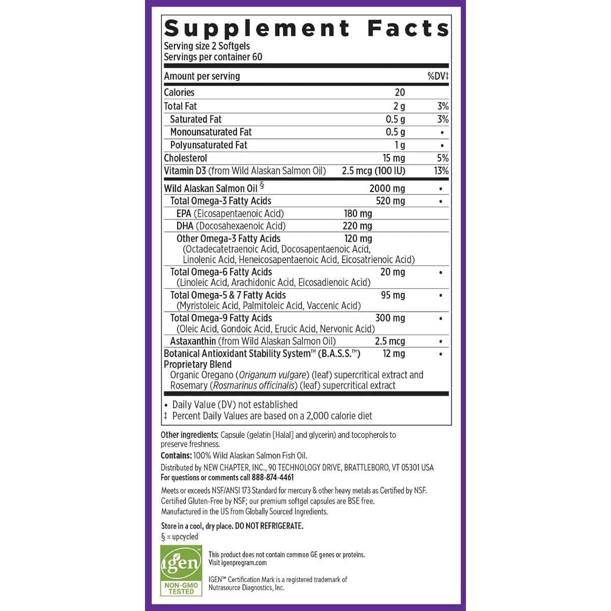 Información del suplemento de New Chapter Wholemega aceite de salmón para 120 cápsulas blandas.