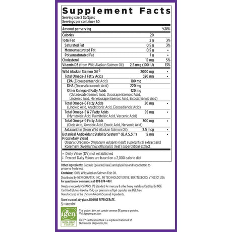 Información del suplemento de New Chapter Wholemega aceite de salmón para 120 cápsulas blandas.
