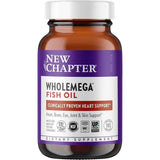 Frasco frontal de New Chapter Wholemega aceite de salmón de 180 cápsulas blandas.