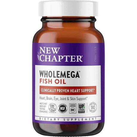 Frasco frontal de New Chapter Wholemega aceite de salmón de 180 cápsulas blandas.