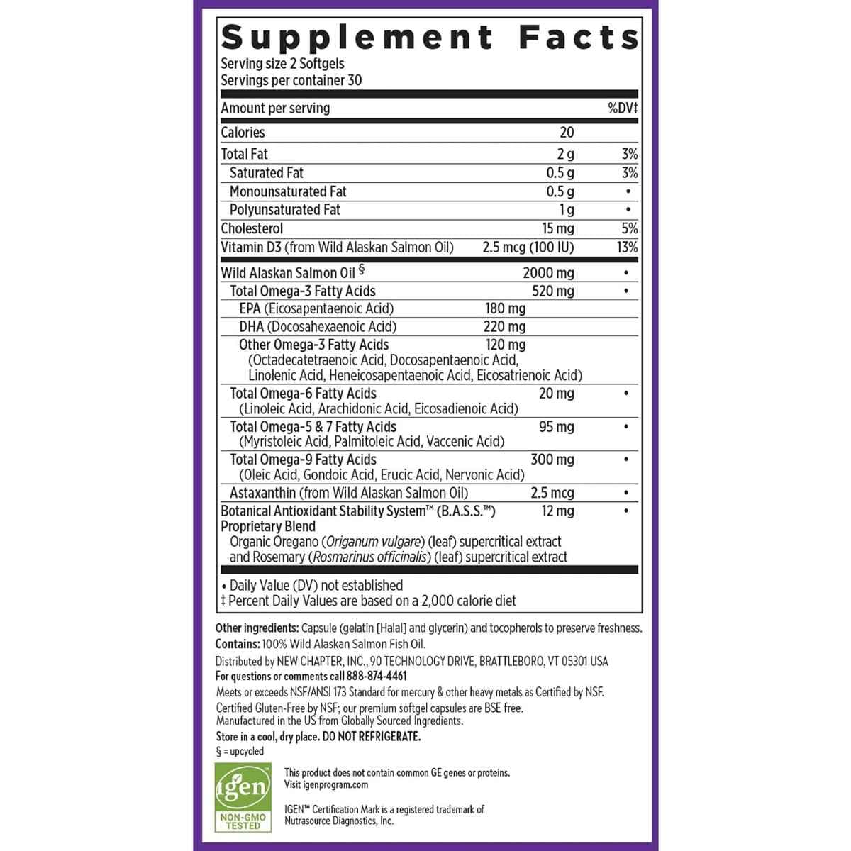 Información del suplemento de New Chapter Wholemega aceite de salmón para 60 cápsulas blandas.