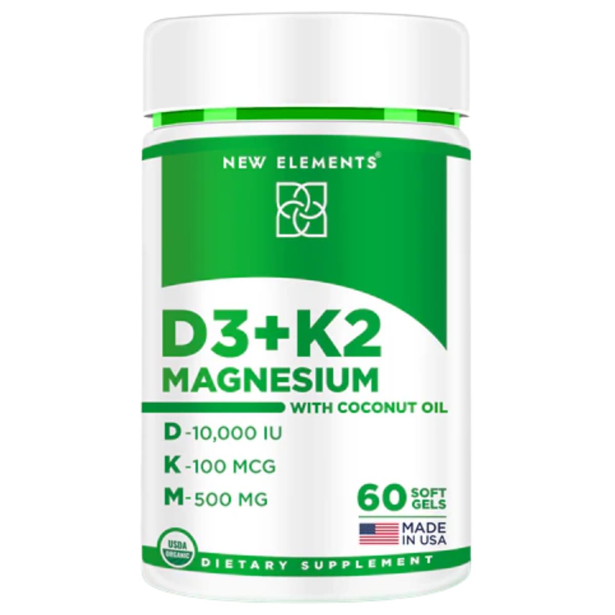 New Elements vitamina D3, vitamina K2 y glicinato de magnesio, frasco de 60 cápsulas blandas