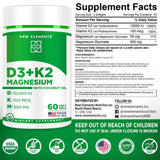 Información del suplemento de New Elements vitamina D3, vitamina K2 y glicinato de magnesio, 60 cápsulas blandas