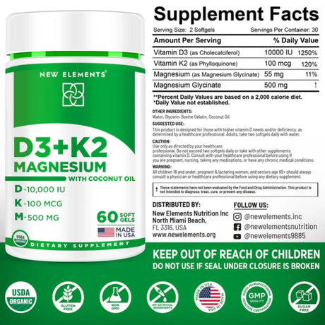 Información del suplemento de New Elements vitamina D3, vitamina K2 y glicinato de magnesio, 60 cápsulas blandas