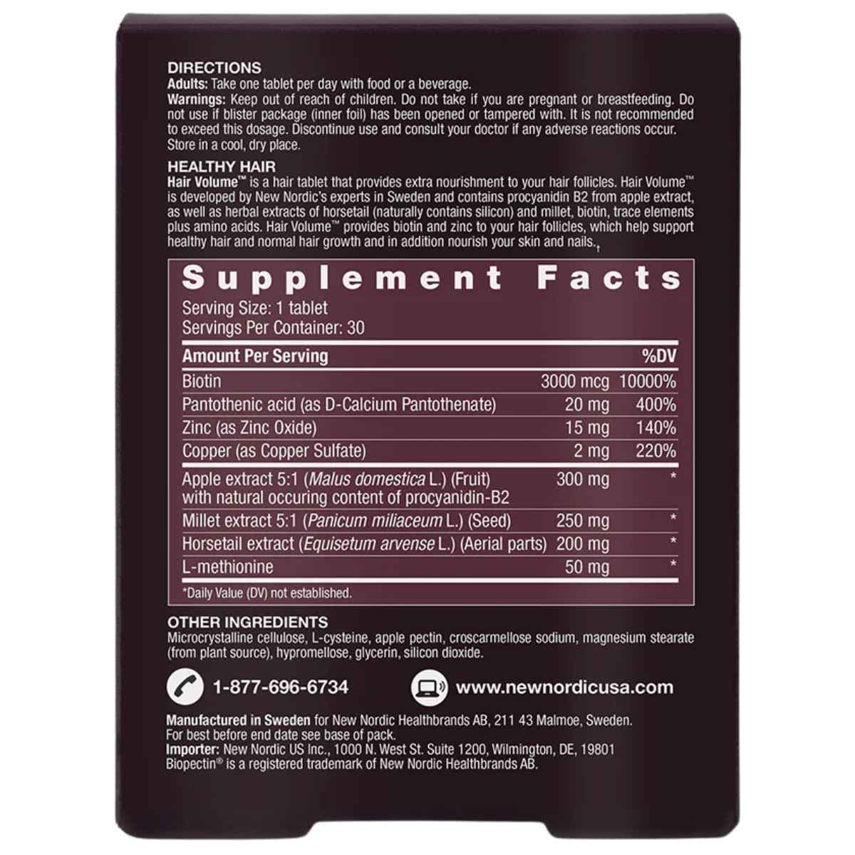 Tabla nutricional del suplemento New Nordic Hair Volume 30 tabletas