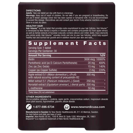 Tabla nutricional del suplemento New Nordic Hair Volume 30 tabletas