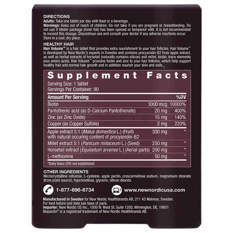 Tabla nutricional del suplemento New Nordic Hair Volume 90 tabletas
