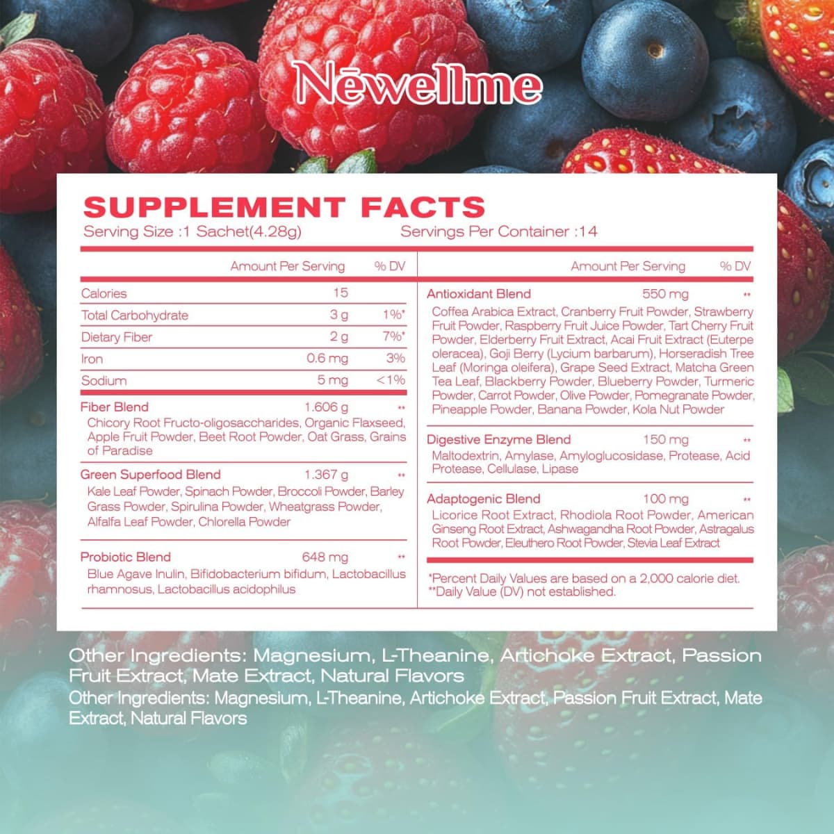 Tabla nutricional del suplemento Newwellme Happy Cleaner Sabor Frutos Rojos 14 Sachets