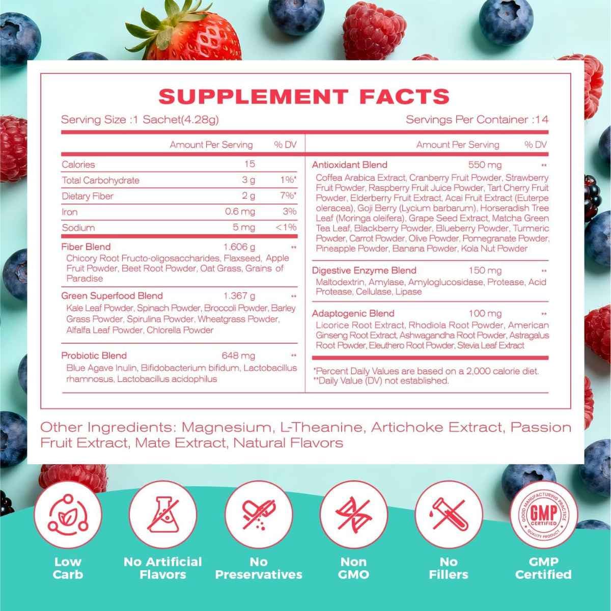 Información del suplemento de Newwellme Mixed Berry con fibra, probióticos, enzimas digestivas y mezclas vegetales