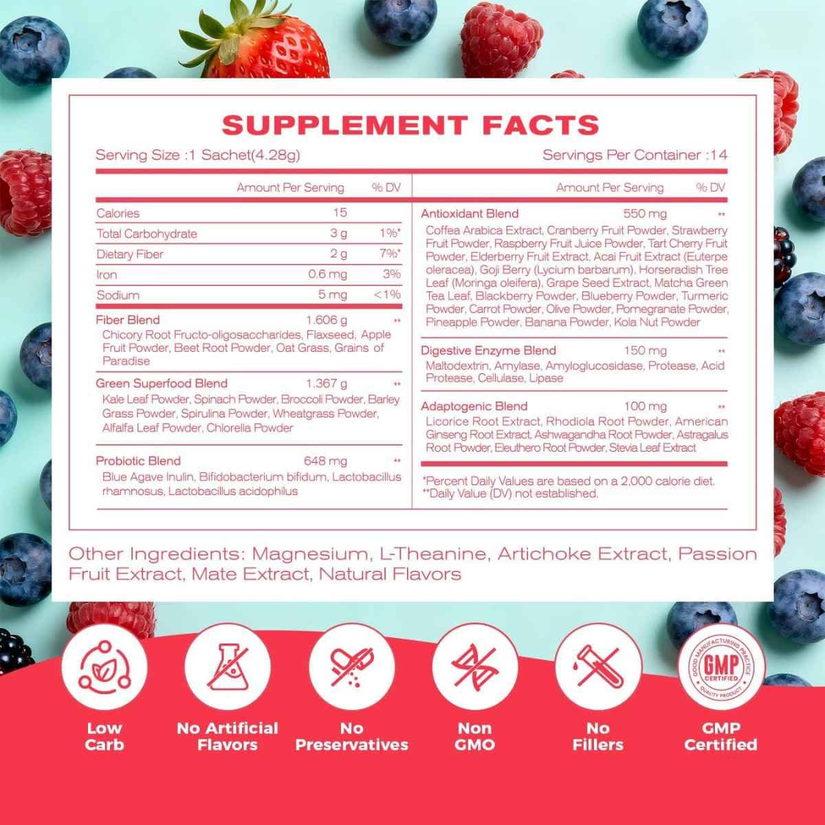 Información del suplemento de Newwellme Watermelon Slush con fibra, probióticos, enzimas digestivas y mezclas vegetales