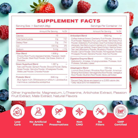 Información del suplemento de Newwellme Watermelon Slush con fibra, probióticos, enzimas digestivas y mezclas vegetales