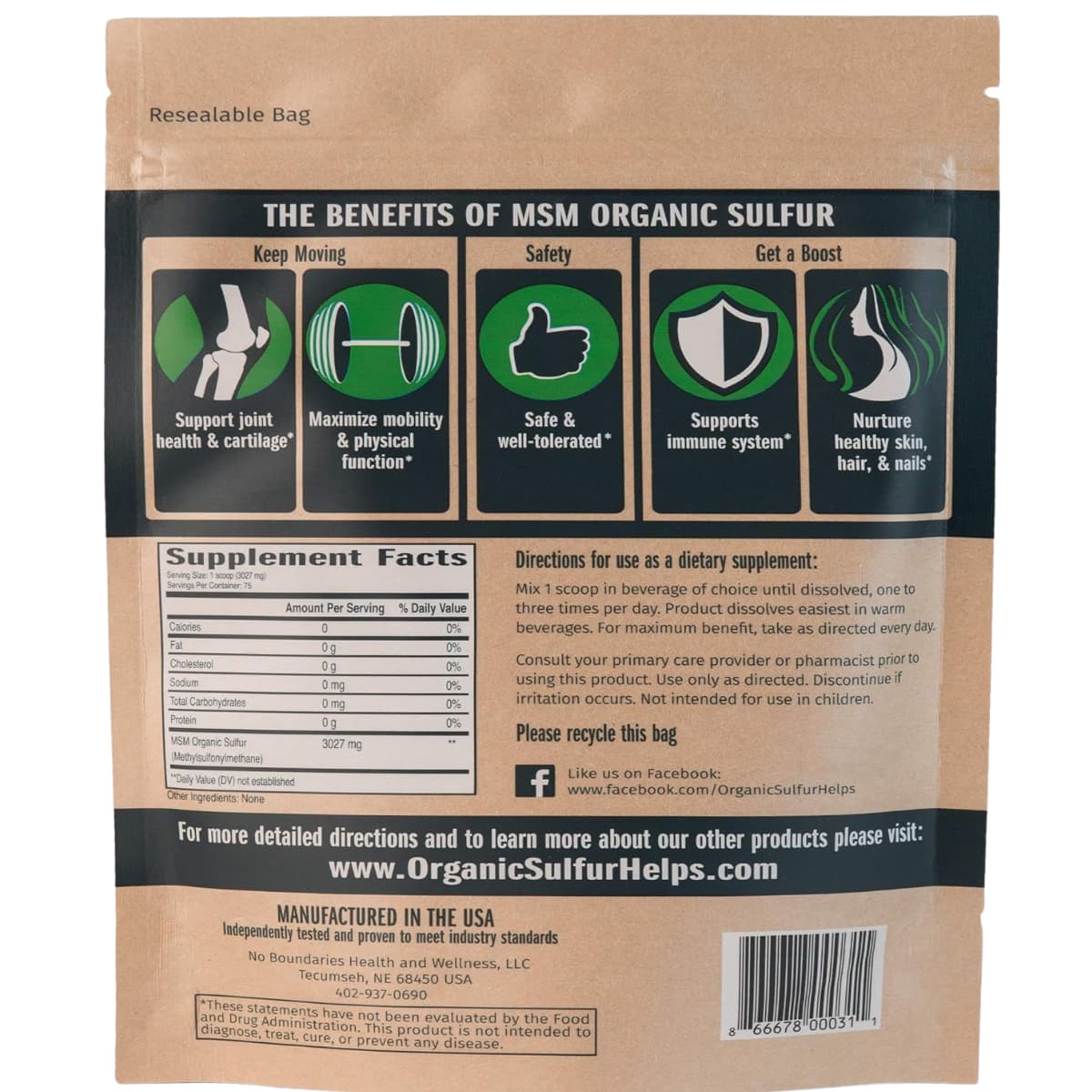 Información del suplemento de No Boundaries Health and Wellness MSM azufre orgánico en cristales, 227 g