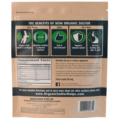 Información del suplemento de No Boundaries Health and Wellness MSM azufre orgánico en cristales, 227 g