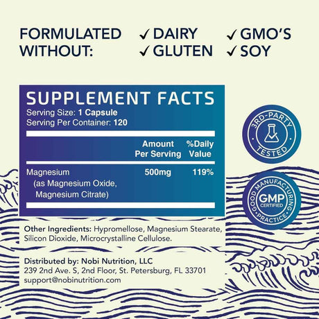 Información del suplemento de Nobi Nutrition complejo de citrato de magnesio, 120 cápsulas
