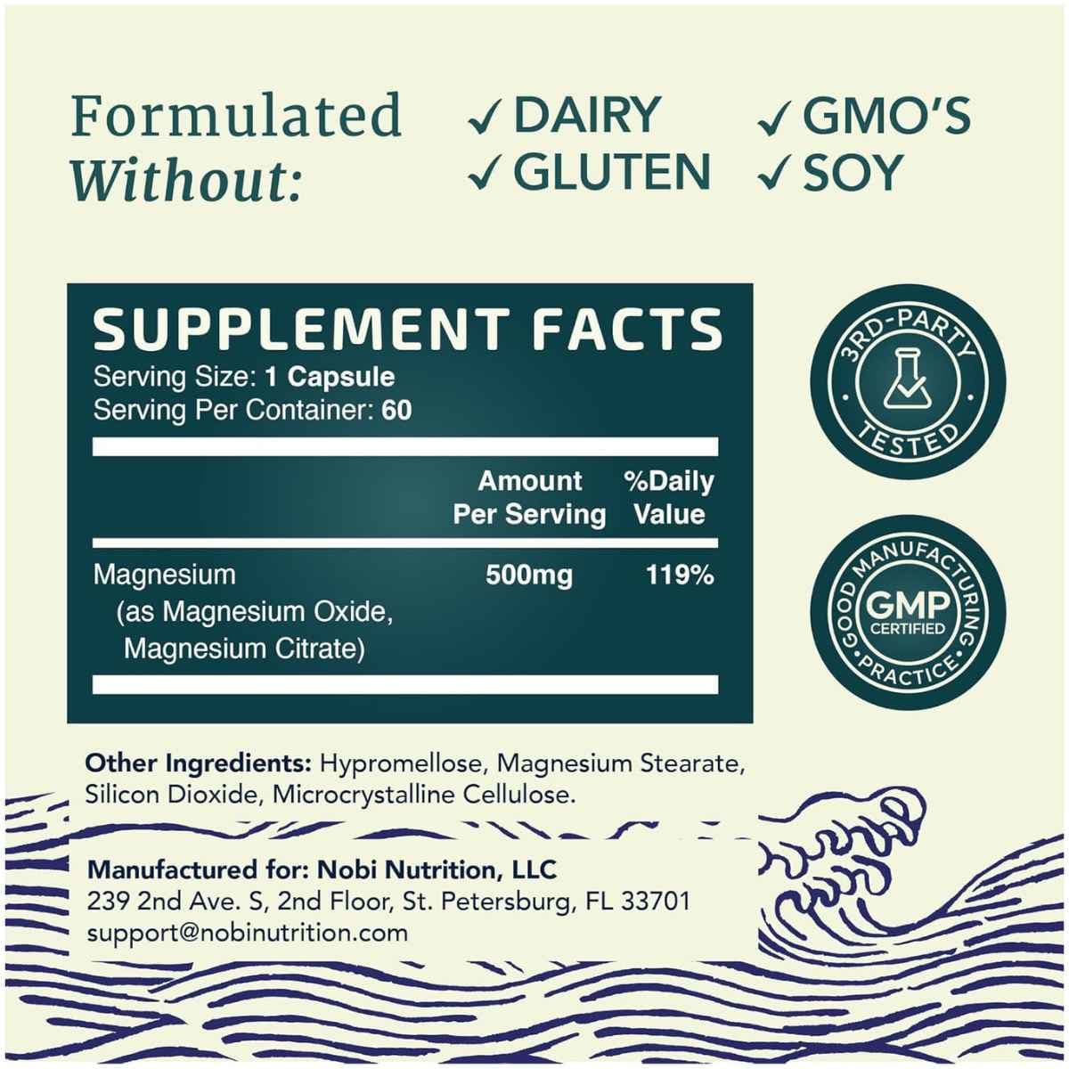 Información del suplemento de Nobi Nutrition complejo de citrato de magnesio, 60 cápsulas