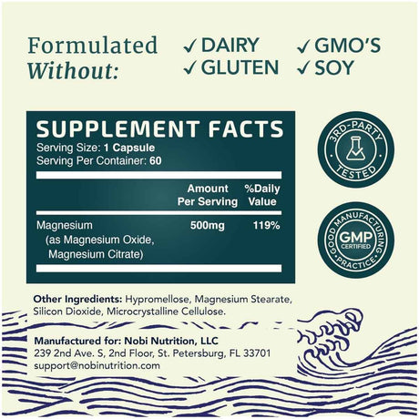 Información del suplemento de Nobi Nutrition complejo de citrato de magnesio, 60 cápsulas