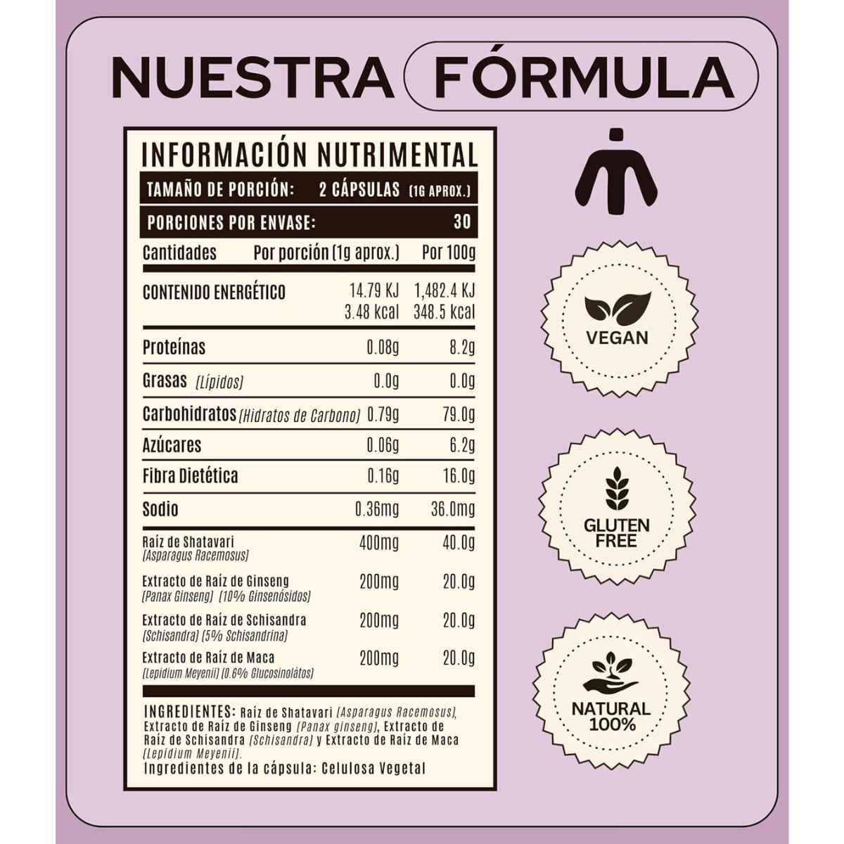 Tabla nutricional del suplemento Nomuk' Balance Hormonal para la Mujer 60 Cápsulas