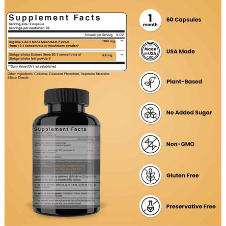 Tabla nutricional del suplemento Noomost Extracto de Melena de León y Ginkgo Biloba 60 cápsulas