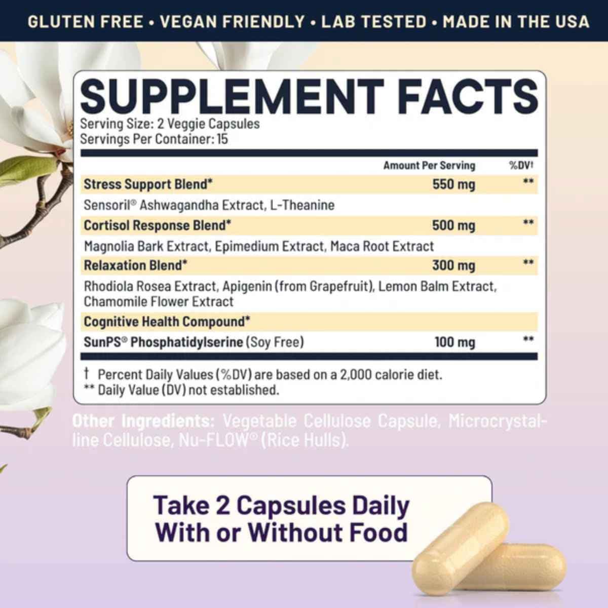 Tabla nutricional del suplemento Nootrix Fórmula Cortisol Ashwagandha 30 Cápsulas Veganas
