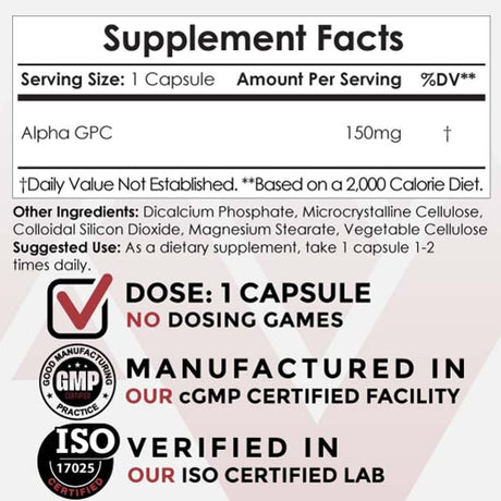 Tabla nutricional del suplemento Nootropics Depot Alpha GPC 150 mg 60 cápsulas