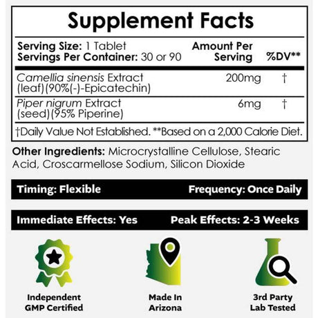 Tabla nutricional del suplemento Nootropics Depot (-)-Epicatequina con Piperina 90 Tabletas