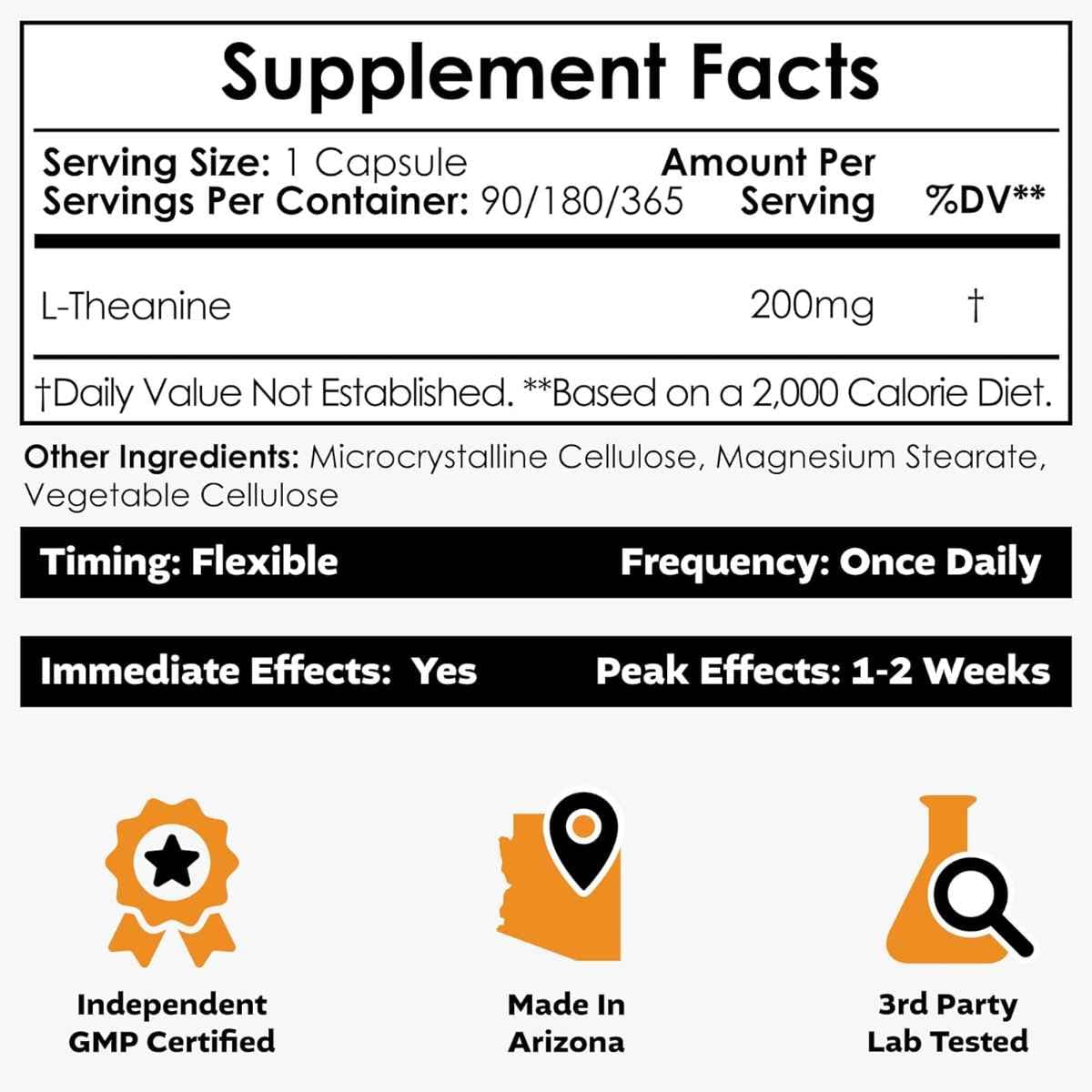 Tabla nutricional del suplemento Nootropics Depot L-Teanina 200 mg 180 cápsulas