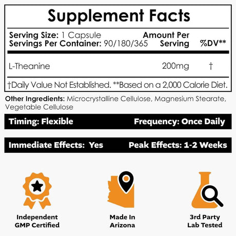 Tabla nutricional del suplemento Nootropics Depot L-Teanina 200 mg 180 cápsulas