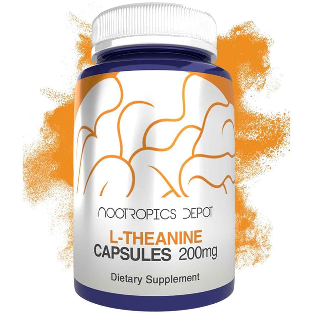 Frasco de suplemento Nootropics Depot L-Teanina 200 mg 90 cápsulas