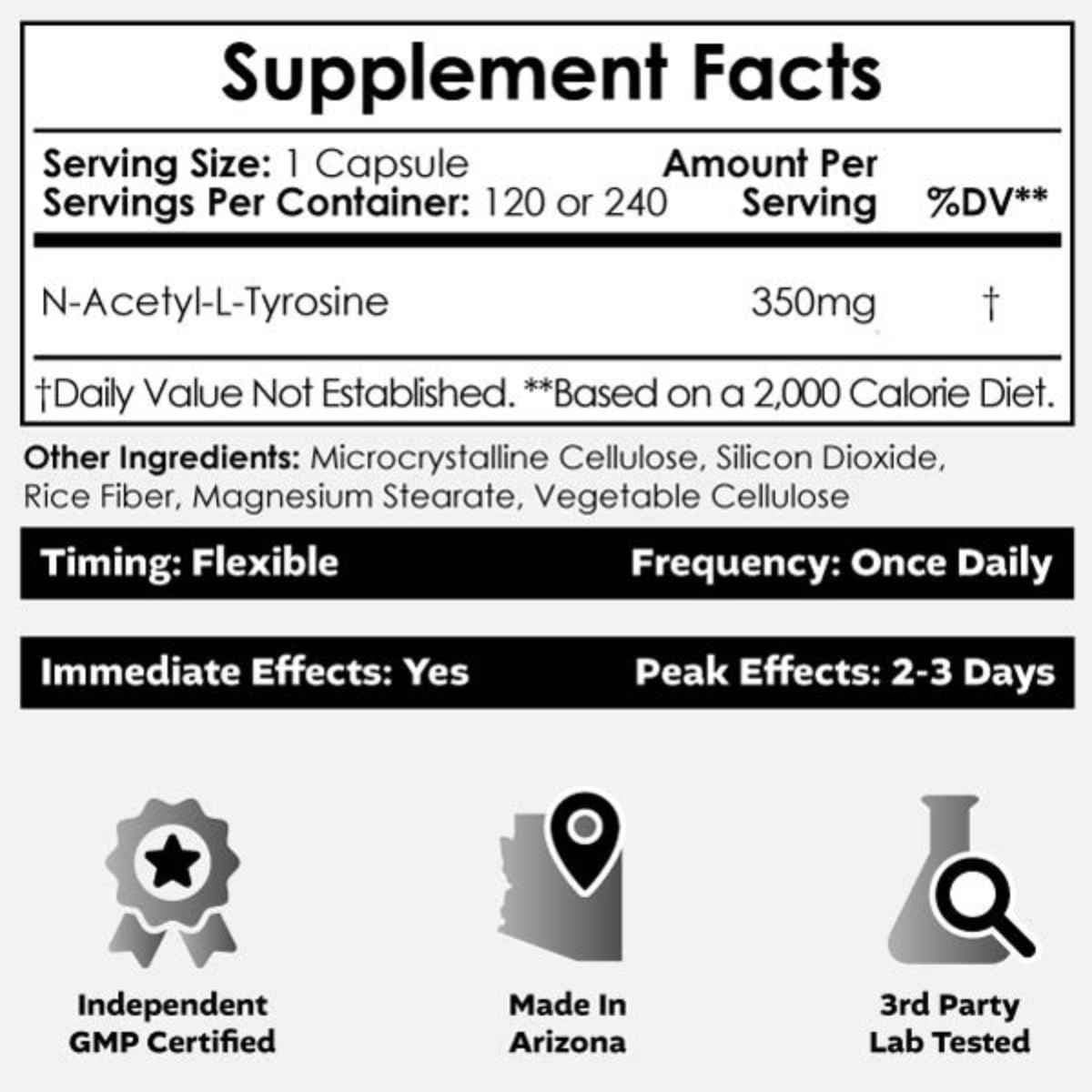 Tabla nutricional del suplemento Nootropics Depot N-Acetyl L-Tyrosine 240 cápsulas
